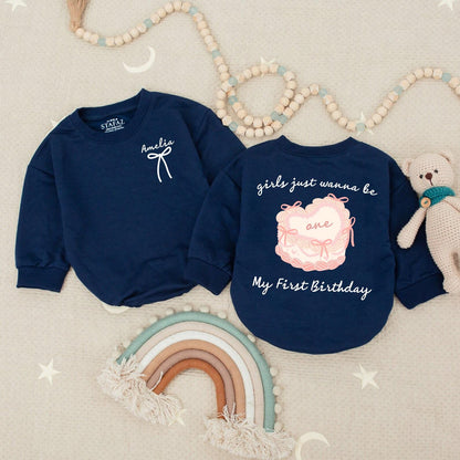 Girls Just Wanna Be One Birthday Romper Sweet Pink Swirls & Bows My First Birthday Bodysuit Adorable 1st Birthday Celebration Outfit