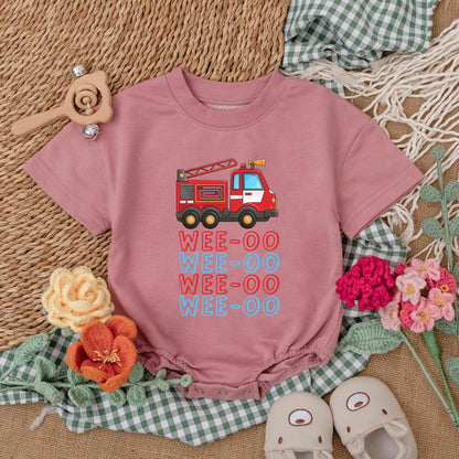Wee-oo Firetruck Baby Romper Short Sleeve Bodysuit Firefighter Baby Boy Outfit Newborn Clothing Comfortable Cotton Fun Design