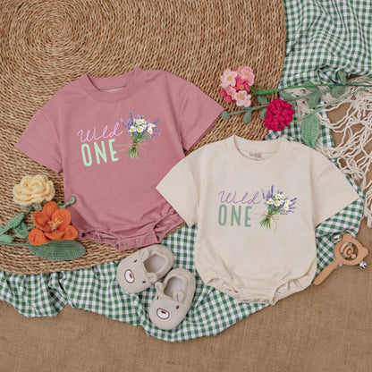 Wild One Wildflower Baby Romper Vintage Floral Bodysuit Boho First Birthday Outfit Girl's Cake Smash Clothes Little Wildflower Gift One Year Old