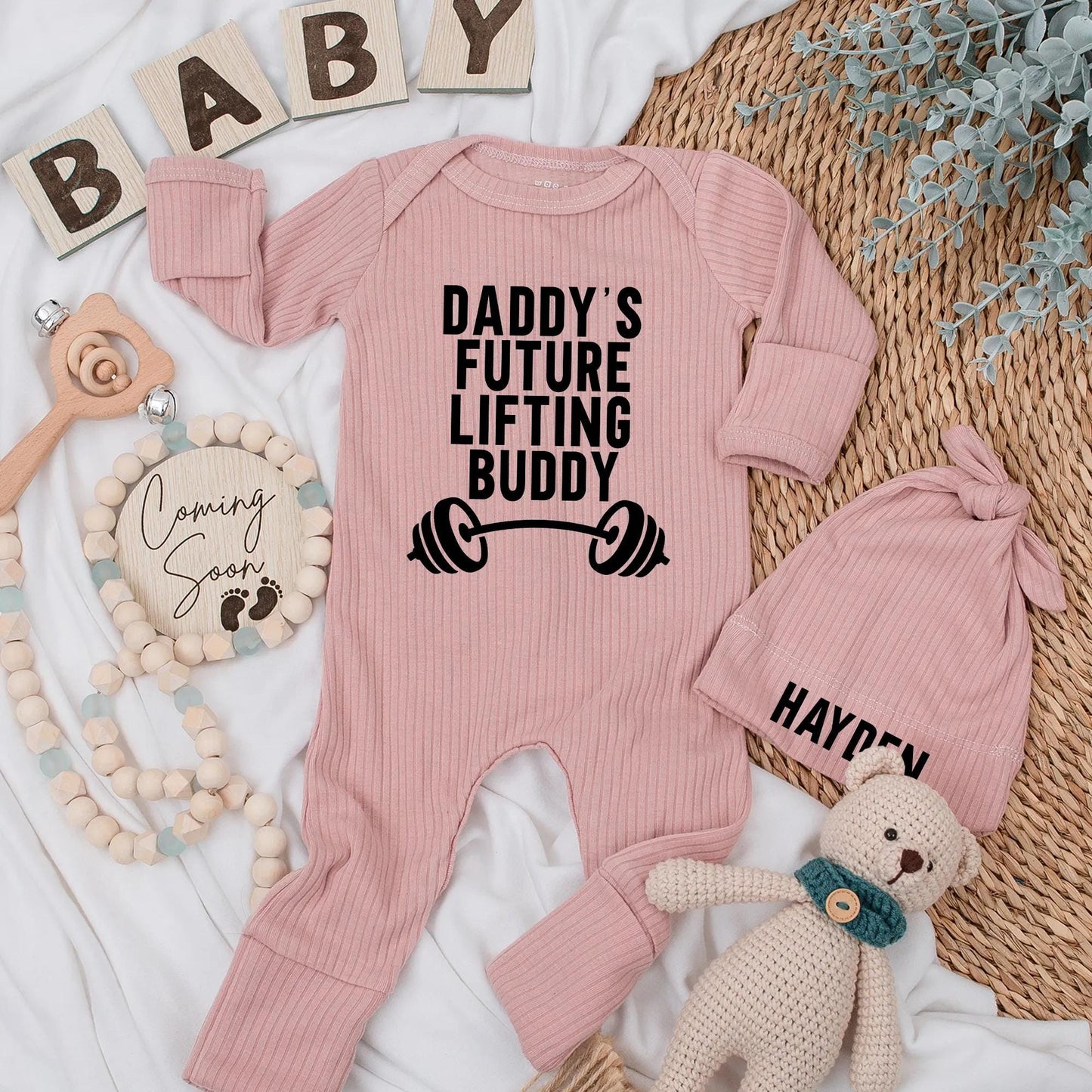 Daddy's Future Lifting Buddy Newborn Bodysuit & Hat Set Baby Boy or Girl Gift Custom Coming Home Outfit