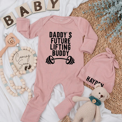 Daddy's Future Lifting Buddy Newborn Bodysuit & Hat Set Baby Boy or Girl Gift Custom Coming Home Outfit