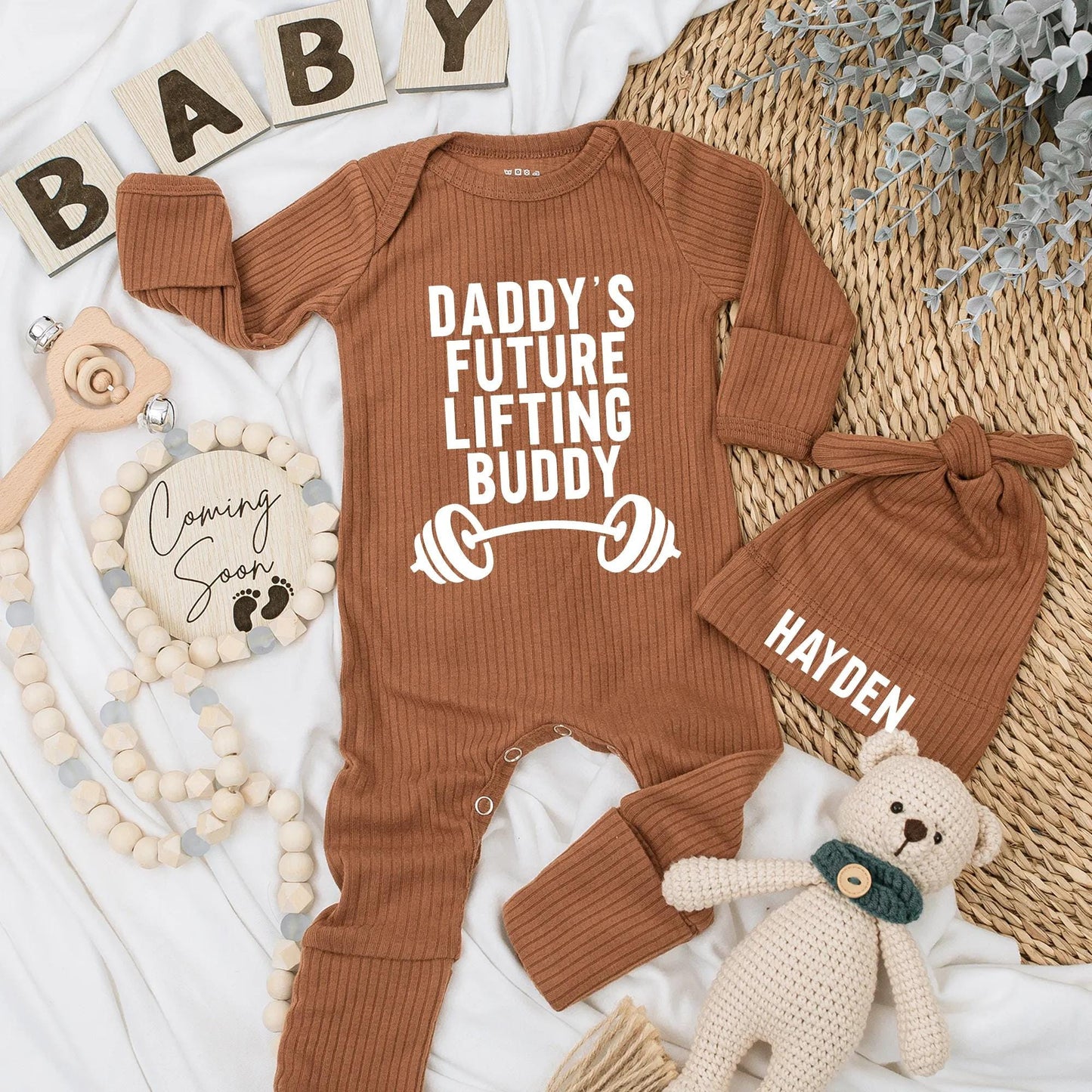 Daddy's Future Lifting Buddy Newborn Bodysuit & Hat Set Baby Boy or Girl Gift Custom Coming Home Outfit