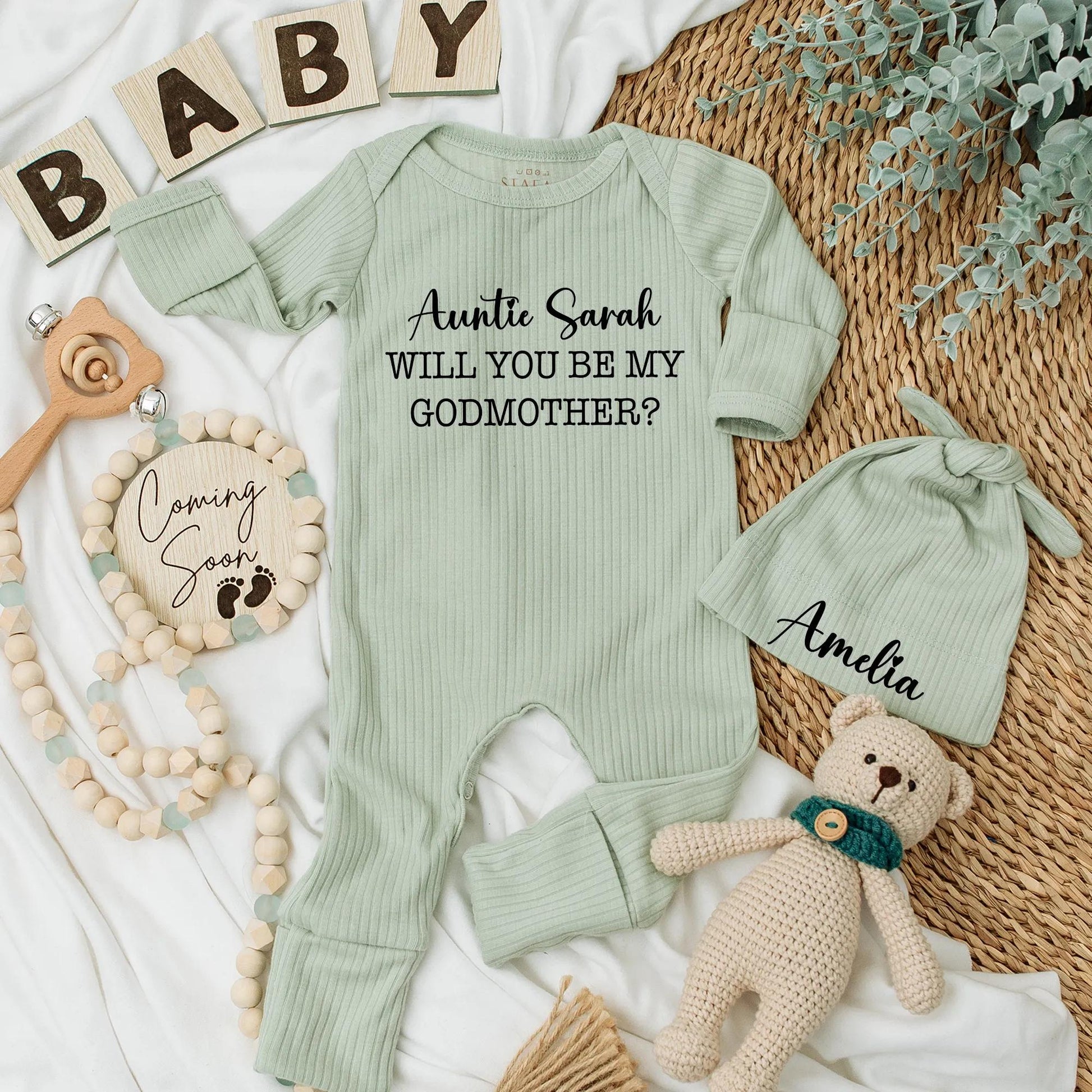 Godmother Proposal Baby Gift Set: Custom Bodysuit & Hat - Personalized Name, "Will You Be My Godmother?" Outfit, Newborn Reveal Idea Cute Auntie Present (140 chars)