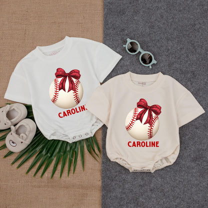 Personalized Girl Baseball Bow Romper Game Day Outfit Baby Sister Baseball Season Sports Baby Shower Gift