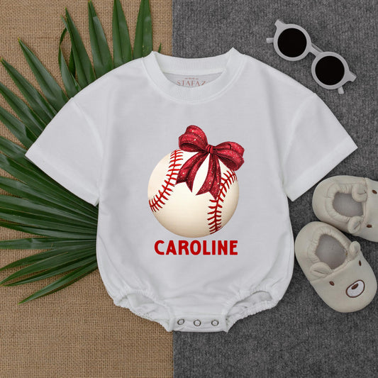 Personalized Girl Baseball Bow Romper Game Day Outfit Baby Sister Baseball Season Sports Baby Shower Gift
