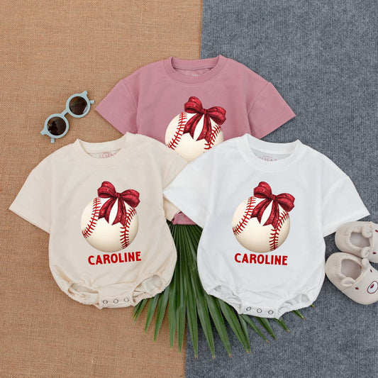 Personalized Girl Baseball Bow Romper Game Day Outfit Baby Sister Baseball Season Sports Baby Shower Gift