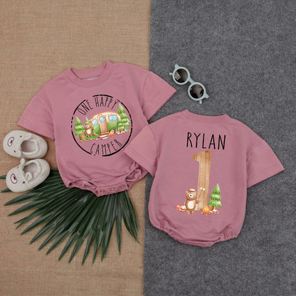 One Happy Camper Personalized Baby Romper Custom Name Bubble Outfit for Camping First Birthday Party Girl