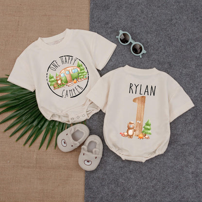One Happy Camper Personalized Baby Romper Custom Name Bubble Outfit for Camping First Birthday Party Girl