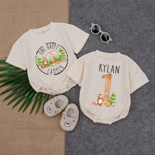 One Happy Camper Personalized Baby Romper Custom Name Bubble Outfit for Camping First Birthday Party Girl