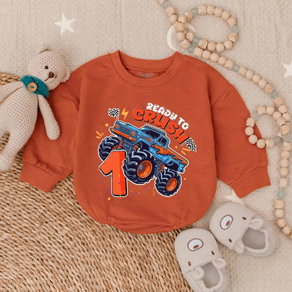 Ready To Crush One Monster Truck Birthday Bubble Romper for Boy First Birthday Celebration Outfit Toddler Infant Gift Comfortable Soft Cotton Shirt