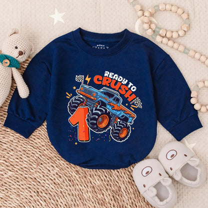 Ready To Crush One Monster Truck Birthday Bubble Romper for Boy First Birthday Celebration Outfit Toddler Infant Gift Comfortable Soft Cotton Shirt