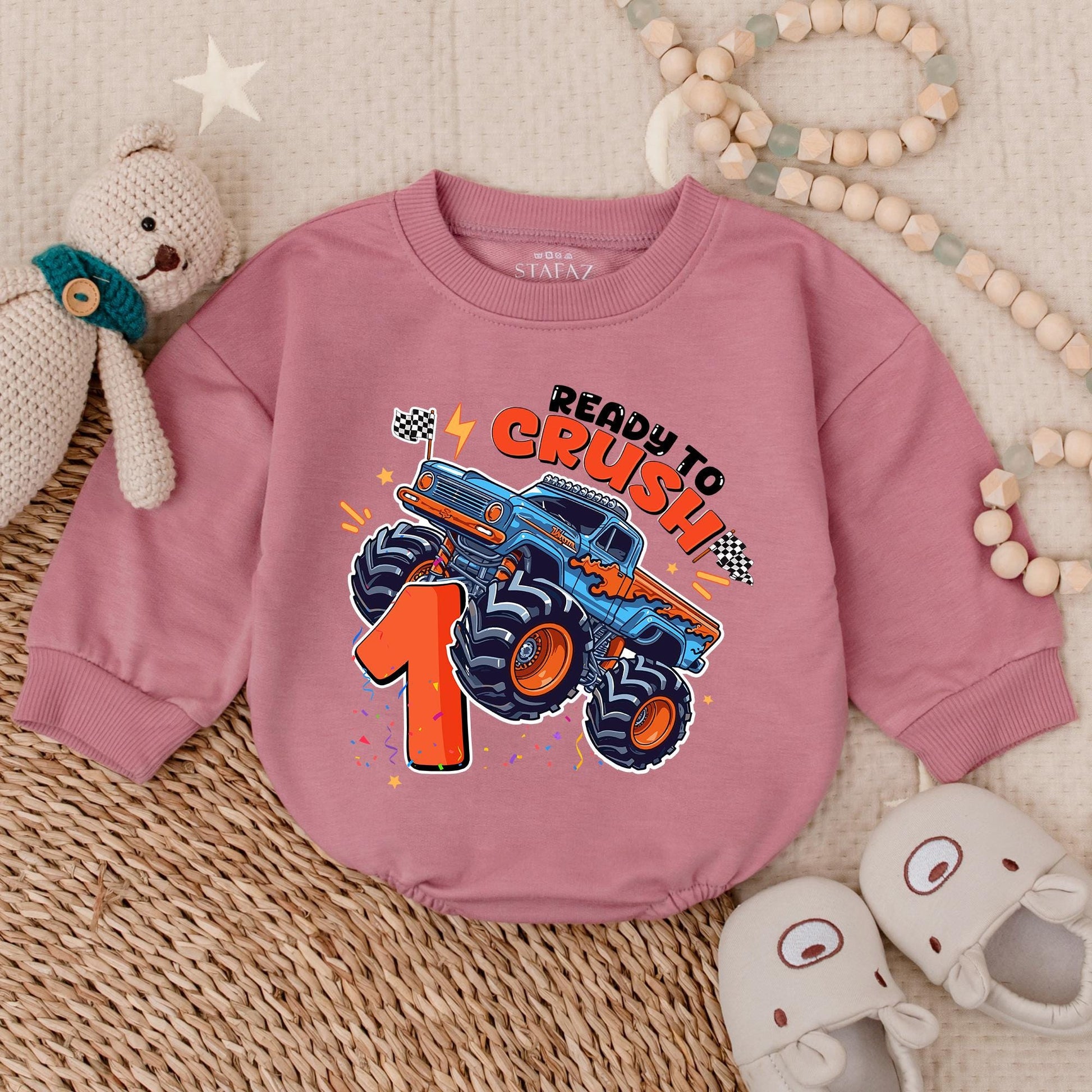 Ready To Crush One Monster Truck Birthday Bubble Romper for Boy First Birthday Celebration Outfit Toddler Infant Gift Comfortable Soft Cotton Shirt