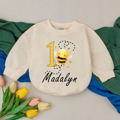 Bee-utiful 1st Birthday Girl Romper, Honey Bee Party Outfit, Personalized Name Bodysuit, Baby Bee Day Gift