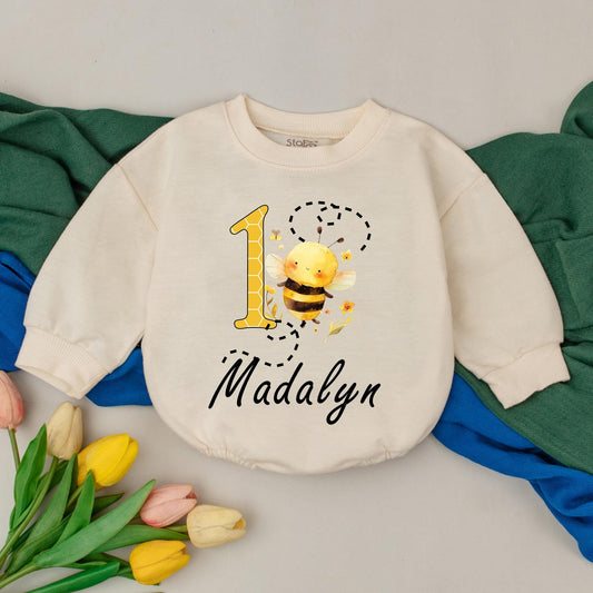 Bee-utiful 1st Birthday Girl Romper, Honey Bee Party Outfit, Personalized Name Bodysuit, Baby Bee Day Gift