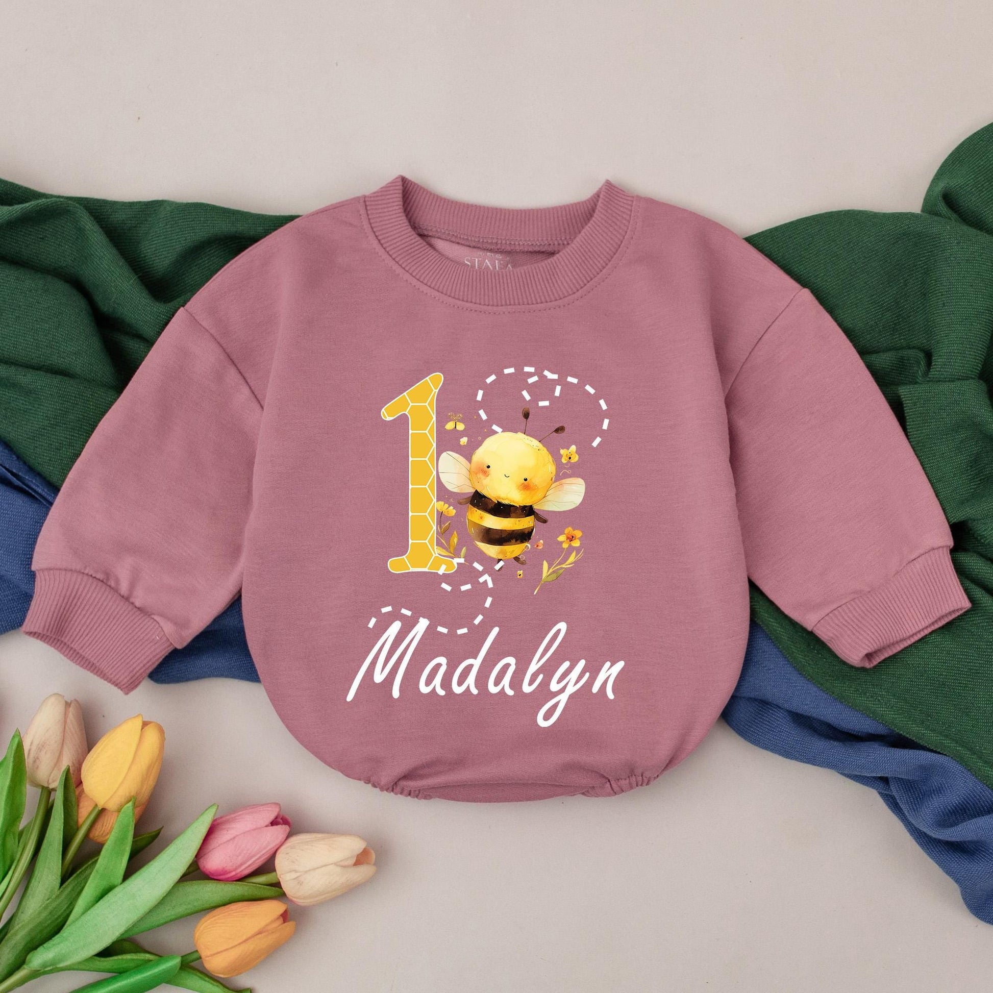 Bee-utiful 1st Birthday Girl Romper, Honey Bee Party Outfit, Personalized Name Bodysuit, Baby Bee Day Gift