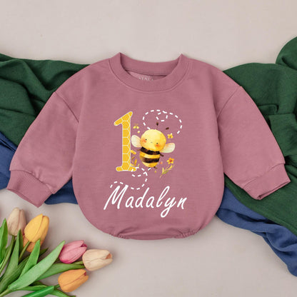 Bee-utiful 1st Birthday Girl Romper, Honey Bee Party Outfit, Personalized Name Bodysuit, Baby Bee Day Gift