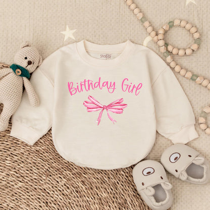 Birthday Girl Watercolor Pink Bubble Romper for First Birthday Gifts for Girls Cute Baby Toddler Party Outfit Soft Cotton Celebration Wear