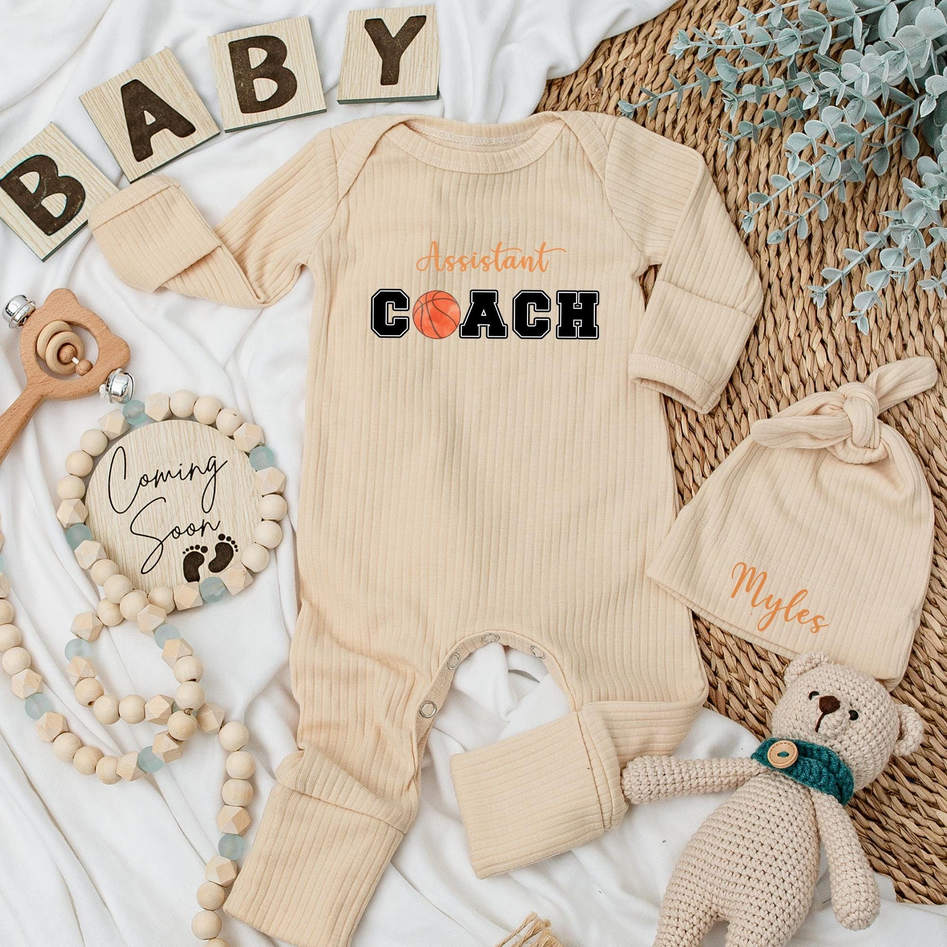 Custom Assistant Coach Basketball Baby Long Sleeve Romper Newborn Gift Baby Shower Coming Home Outfit for Boy or Girl Future Coach