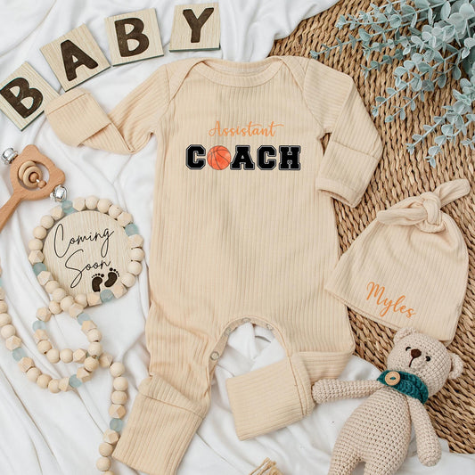 Custom Assistant Coach Basketball Baby Long Sleeve Romper Newborn Gift Baby Shower Coming Home Outfit for Boy or Girl Future Coach