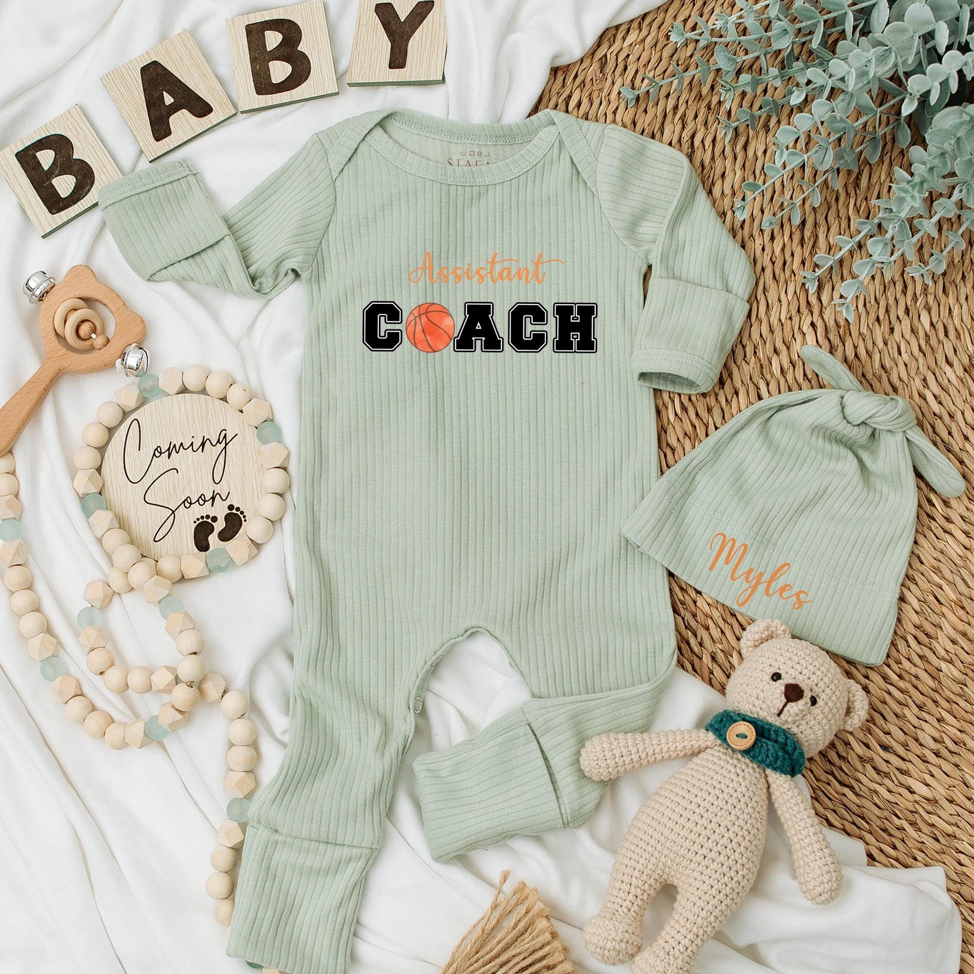 Custom Assistant Coach Basketball Baby Long Sleeve Romper Newborn Gift Baby Shower Coming Home Outfit for Boy or Girl Future Coach