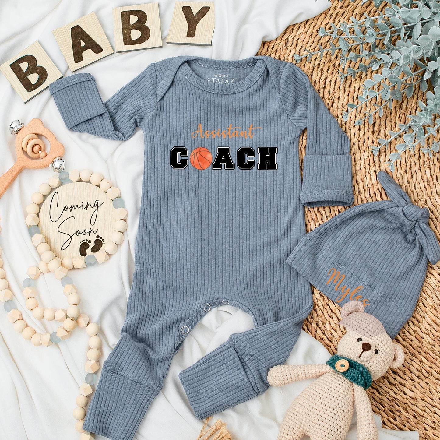 Custom Assistant Coach Basketball Baby Long Sleeve Romper Newborn Gift Baby Shower Coming Home Outfit for Boy or Girl Future Coach