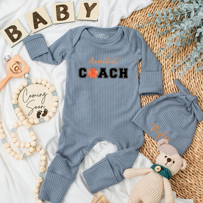 Custom Assistant Coach Basketball Baby Long Sleeve Romper Newborn Gift Baby Shower Coming Home Outfit for Boy or Girl Future Coach