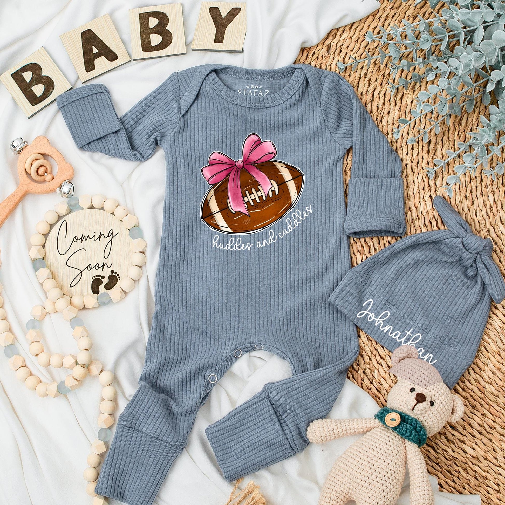 Huddles & Cuddles Football Baby Girl Bodysuit Long Sleeve Outfit Natural Cotton Romper Custom Name Newborn Gift Going Home Outfit Personalized Shower Gift