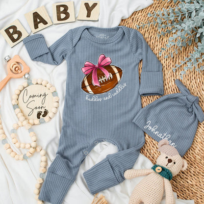 Huddles & Cuddles Football Baby Girl Bodysuit Long Sleeve Outfit Natural Cotton Romper Custom Name Newborn Gift Going Home Outfit Personalized Shower Gift