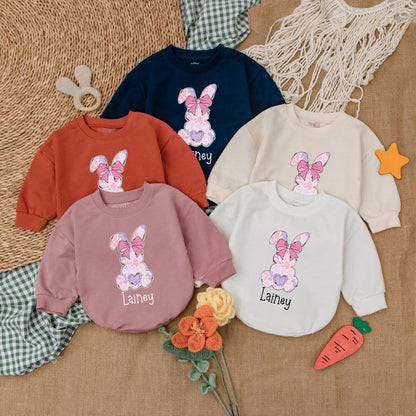 Pink Camo Personalized Easter Romper with Bow Baby Girl Bubble Romper Adorable First Easter Day Outfit Shower Gift