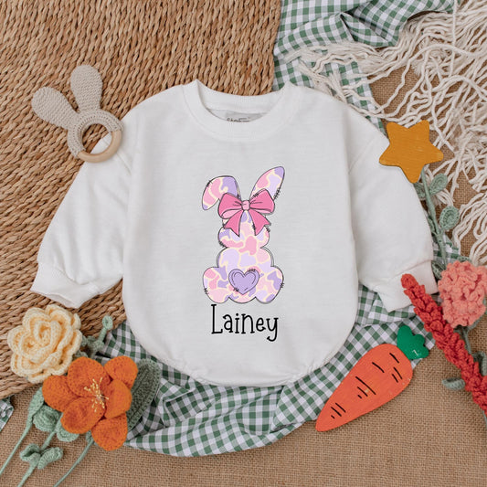 Pink Camo Personalized Easter Romper with Bow Baby Girl Bubble Romper Adorable First Easter Day Outfit Shower Gift