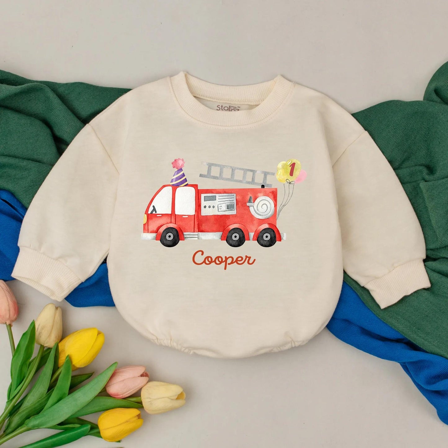 Fire Truck First Birthday Romper for Boys Custom Rescue Theme Party Outfit Toddler Fire Engine Gift