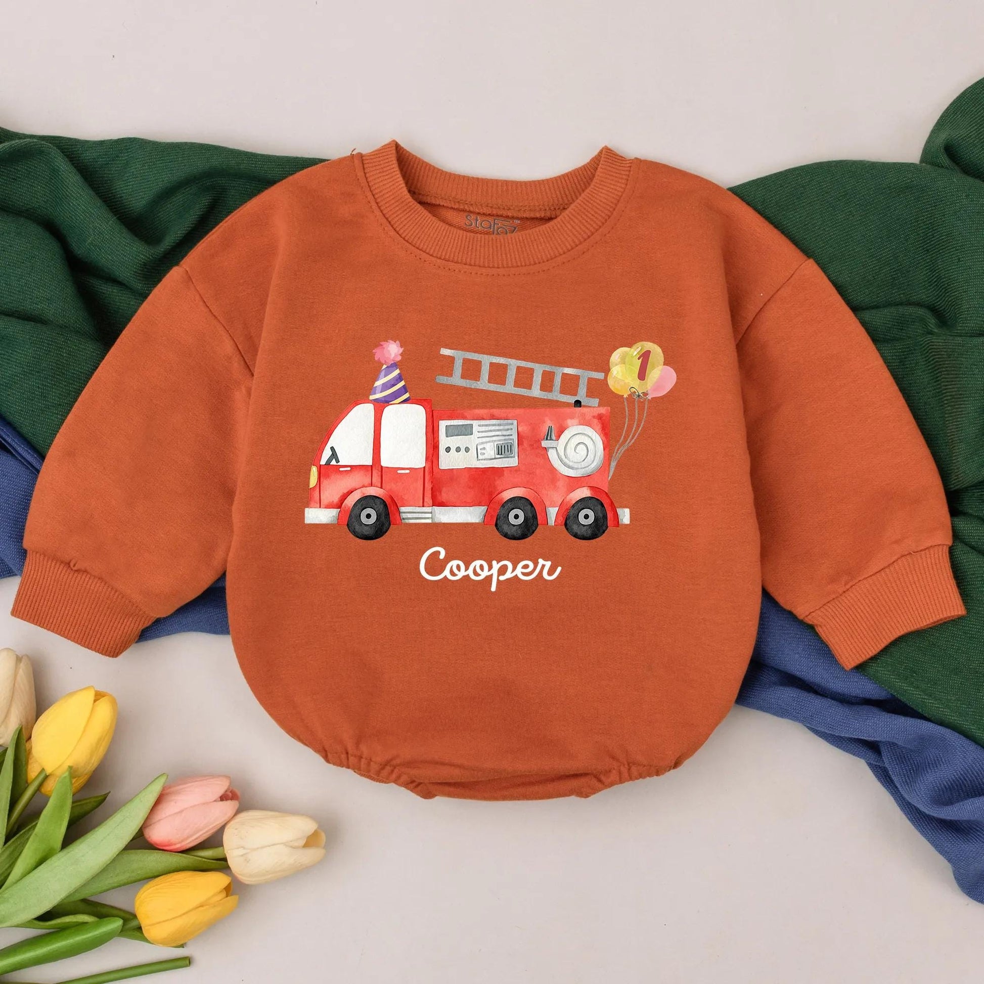 Fire Truck First Birthday Romper for Boys Custom Rescue Theme Party Outfit Toddler Fire Engine Gift