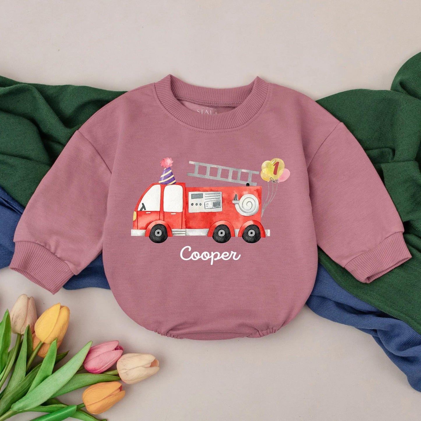 Fire Truck First Birthday Romper for Boys Custom Rescue Theme Party Outfit Toddler Fire Engine Gift