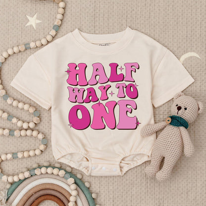 Half Way to One Birthday Girl Romper, Bubble Font Pink Star Design, Half Birthday Outfit, Baby Girl Bodysuit, First Birthday Gift