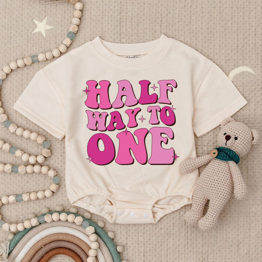 Half Way to One Birthday Girl Romper, Bubble Font Pink Star Design, Half Birthday Outfit, Baby Girl Bodysuit, First Birthday Gift