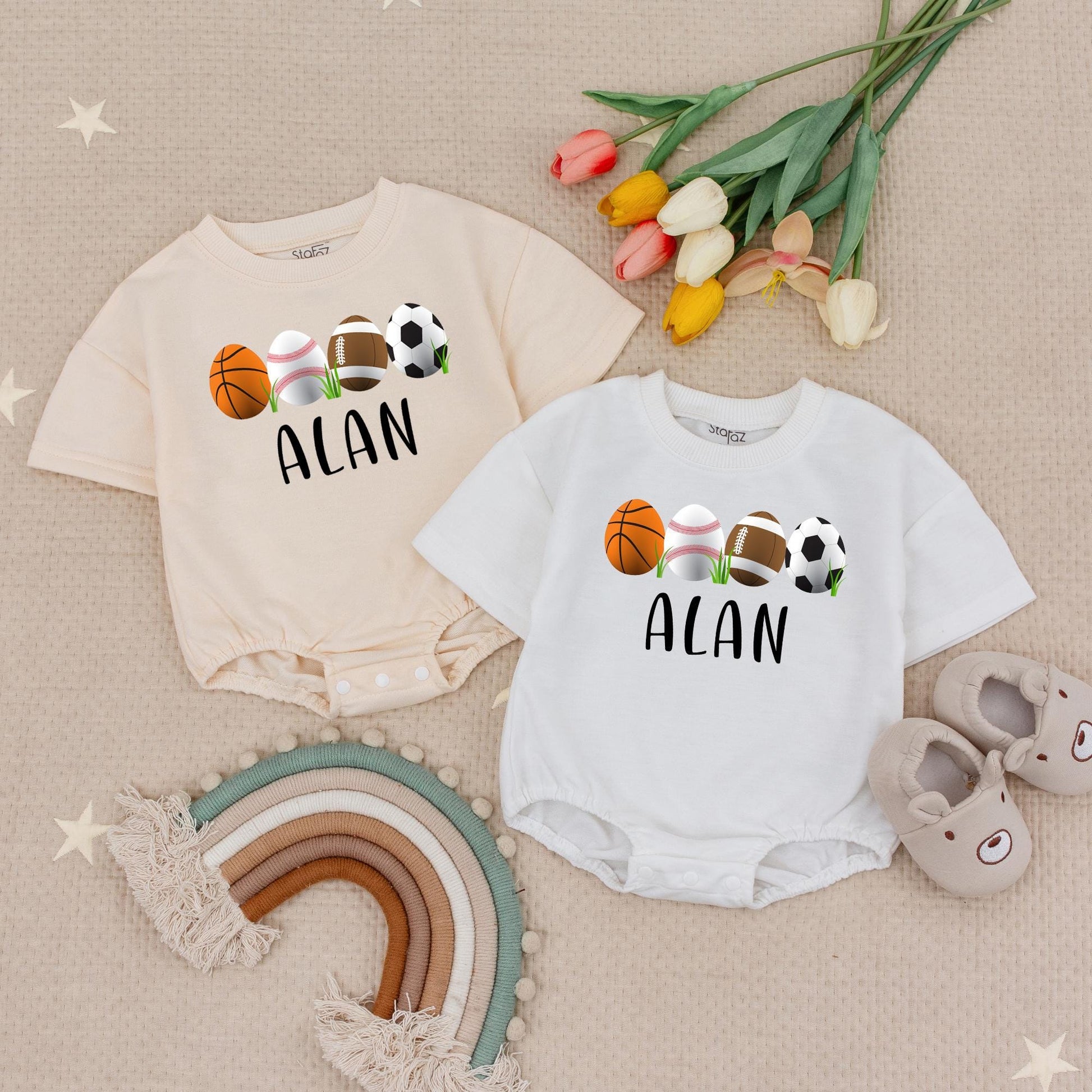 Personalized Easter Sports Romper for Baby ALAN's 1st Game Day! Cute Egg Basket Ball, Baseball, Football Outfit, Soft Short Sleeve Bodysuit Gift
