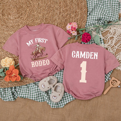 Personalized My First Rodeo Romper Cute Cowboy Baby Outfit Short Sleeve Bubble Onesie 1st Birthday Outfit Shower Gift