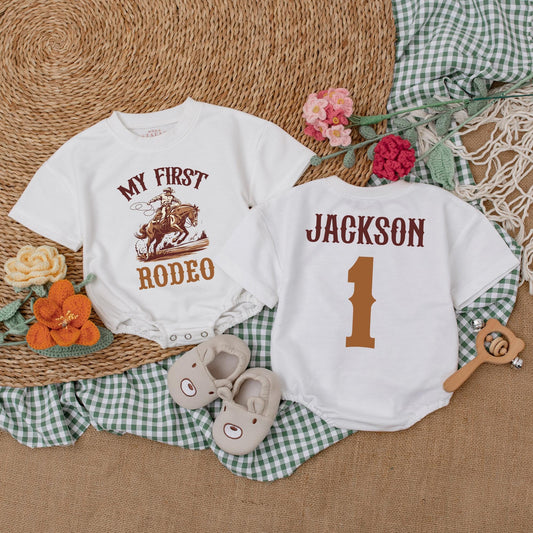 Personalized My First Rodeo Romper Cute Cowboy Baby Outfit Short Sleeve Bubble Onesie 1st Birthday Outfit Shower Gift