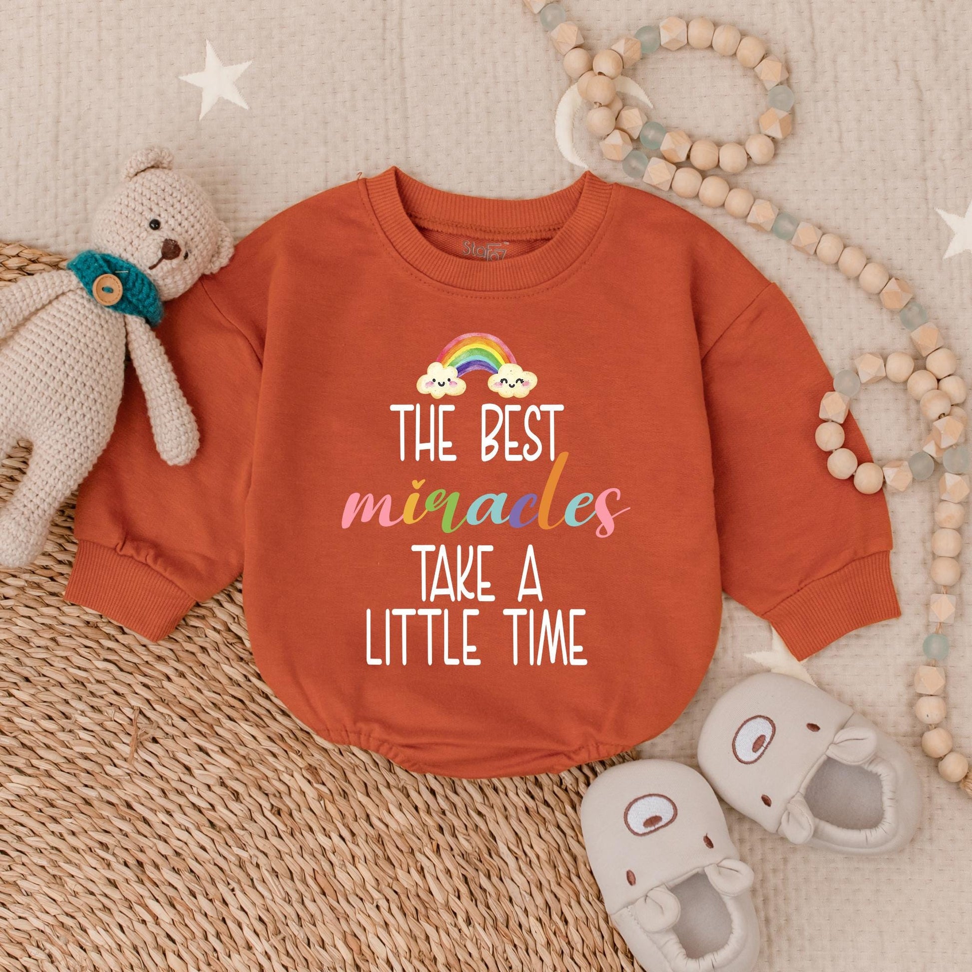 The Best Miracles Take Time Rainbow Baby Bubble Romper Newborn Gift Mother's Day Shower Gift Cute Baby Clothes First Mother's Day