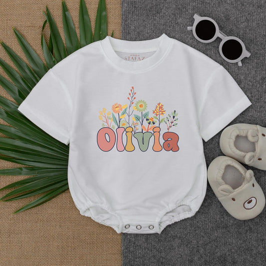 Custom Floral Flower Bubble Romper for Baby Girl Personalized Name Birthday Outfit Soft Cotton Short Sleeve Toddler Gift Celebration Wear
