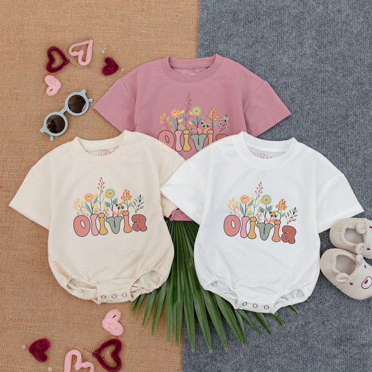 Custom Floral Flower Bubble Romper for Baby Girl Personalized Name Birthday Outfit Soft Cotton Short Sleeve Toddler Gift Celebration Wear