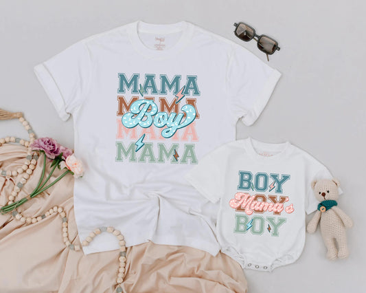 Matching Retro Mama Boy & Mama's Boy Shirts - Soft Teal Peach Lightning Bolt Design - Mommy and Me Outfit for Mother's Day & Baby Shower Gifts