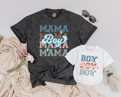 Matching Retro Mama Boy & Mama's Boy Shirts - Soft Teal Peach Lightning Bolt Design - Mommy and Me Outfit for Mother's Day & Baby Shower Gifts