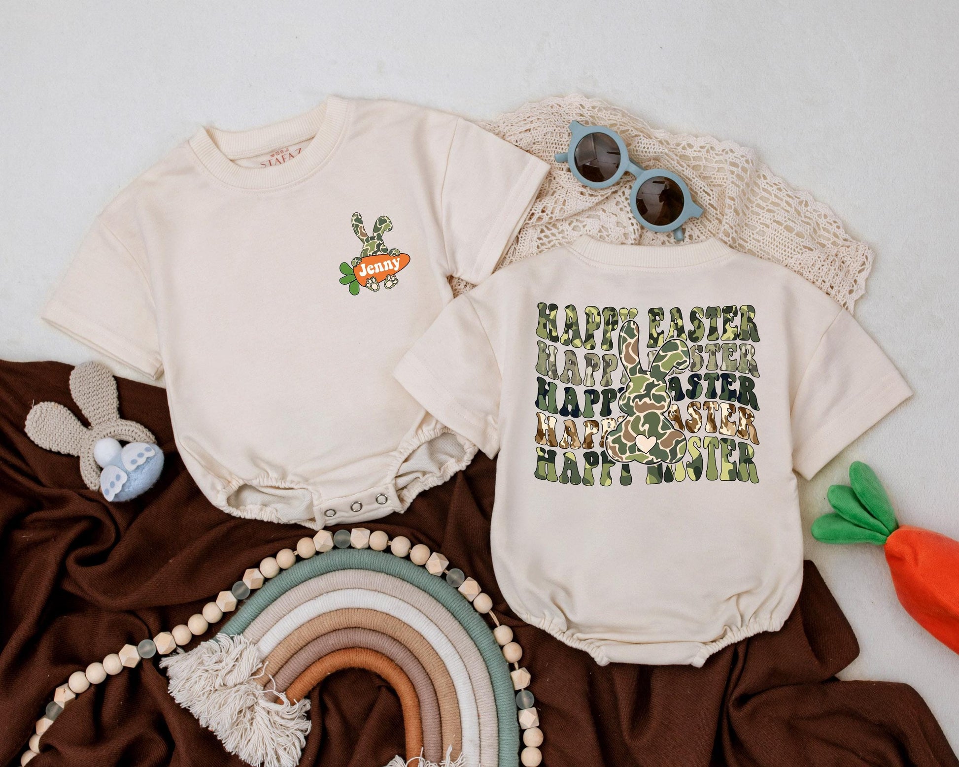 Personalized Easter Bunny Baby Romper for Boys and Girls, Happy First Easter Day Bodysuit, Spring Shower New Baby Gift Clothes