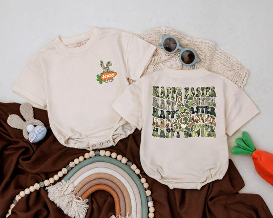 Personalized Easter Bunny Baby Romper for Boys and Girls, Happy First Easter Day Bodysuit, Spring Shower New Baby Gift Clothes