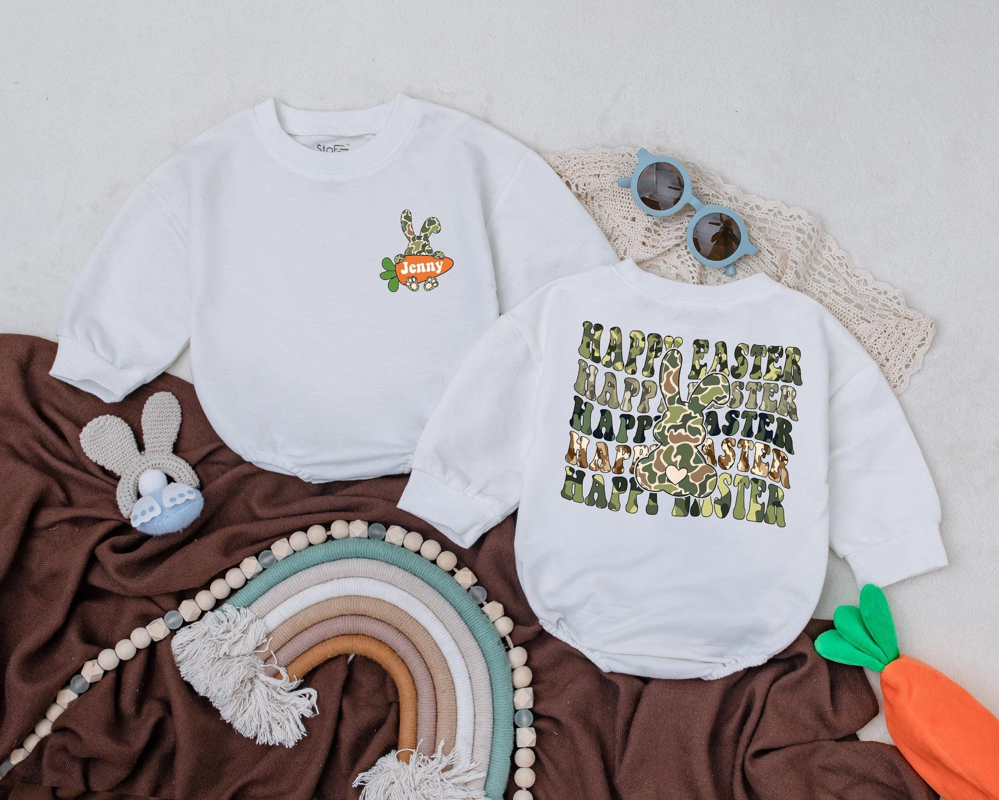 Personalized Easter Bunny Baby Romper for Boys and Girls, Happy First Easter Day Bodysuit, Spring Shower New Baby Gift Clothes