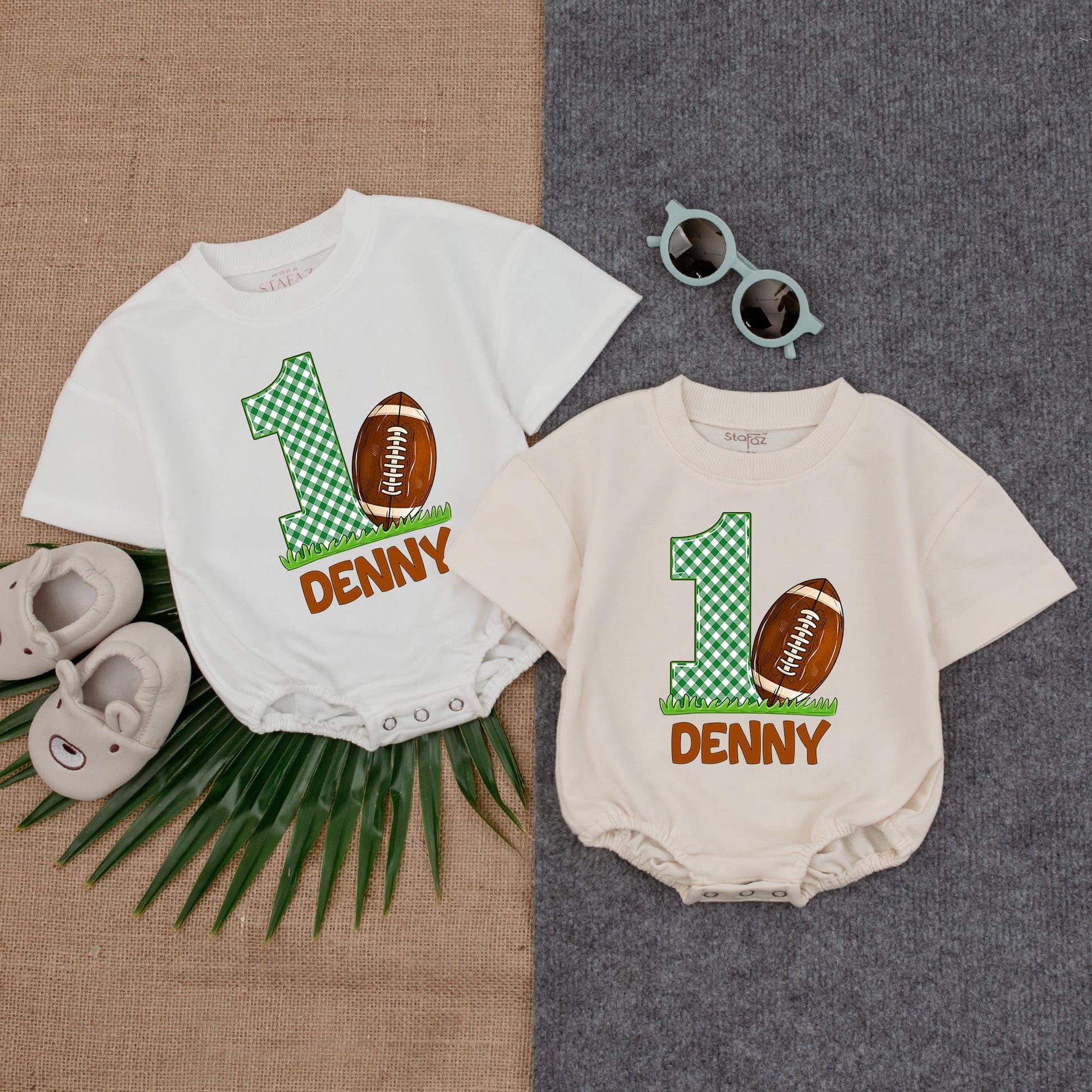 First Birthday Football Baby Bodysuit Romper Outfit Newborn Clothes Gift for Boy, Custom Name, Short Sleeve Cute Football Design