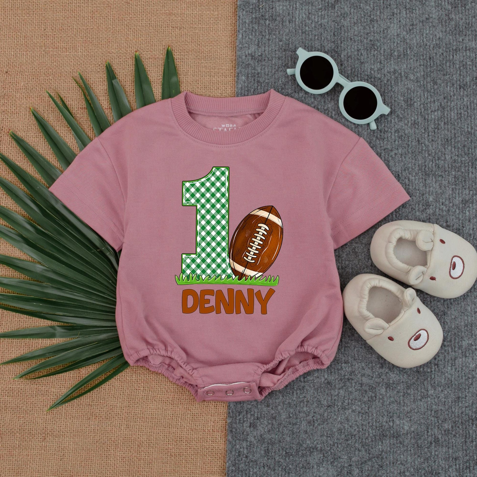 First Birthday Football Baby Bodysuit Romper Outfit Newborn Clothes Gift for Boy, Custom Name, Short Sleeve Cute Football Design