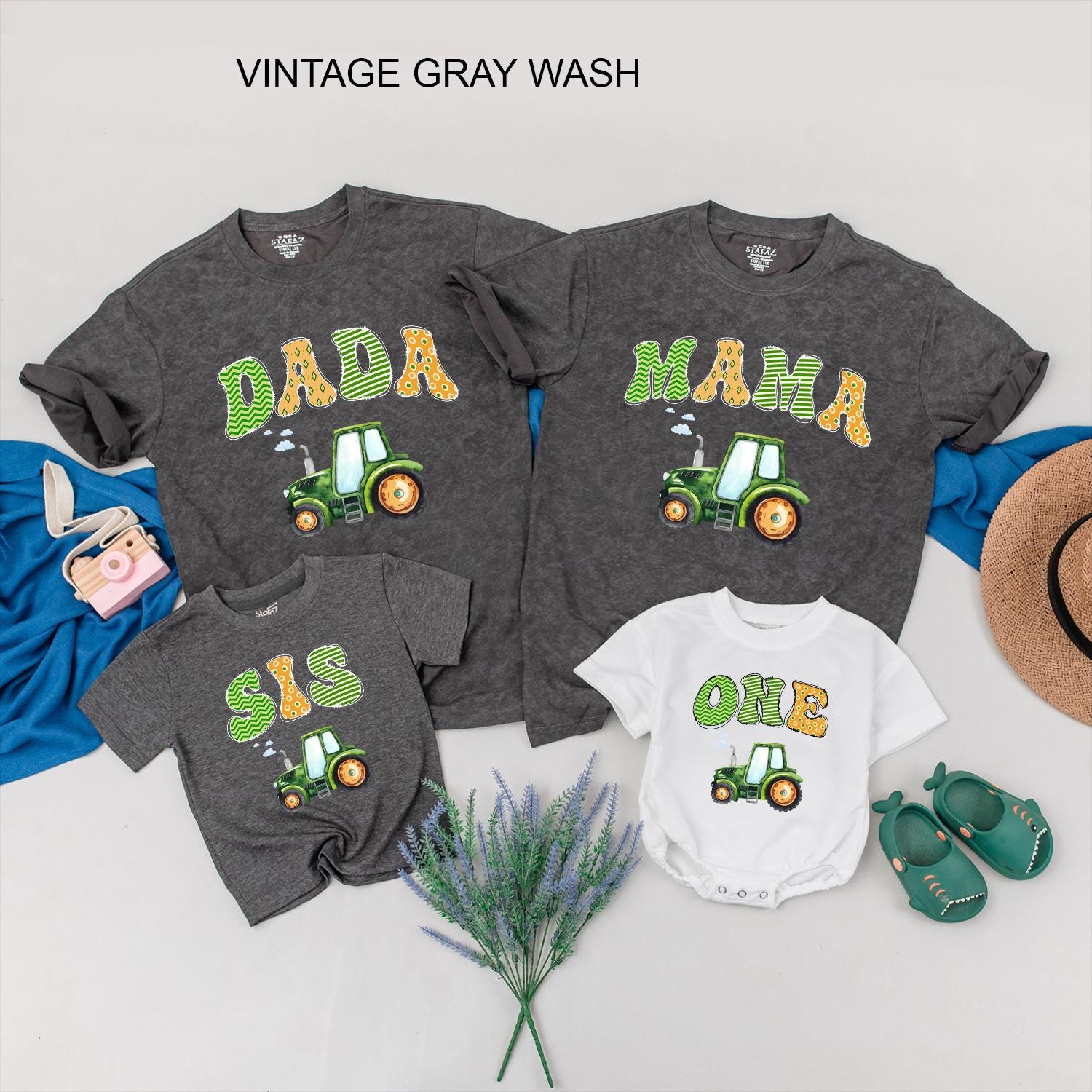 Tractor 1st Birthday Matching Family Shirts Green & Yellow First Birthday Boy Outfit Farm Party Theme Mama Dada Tee One Year Old Tractor Birthday Shirt (140)