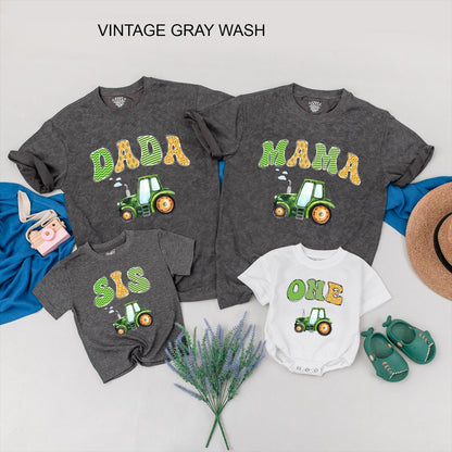 Tractor 1st Birthday Matching Family Shirts Green & Yellow First Birthday Boy Outfit Farm Party Theme Mama Dada Tee One Year Old Tractor Birthday Shirt (140)